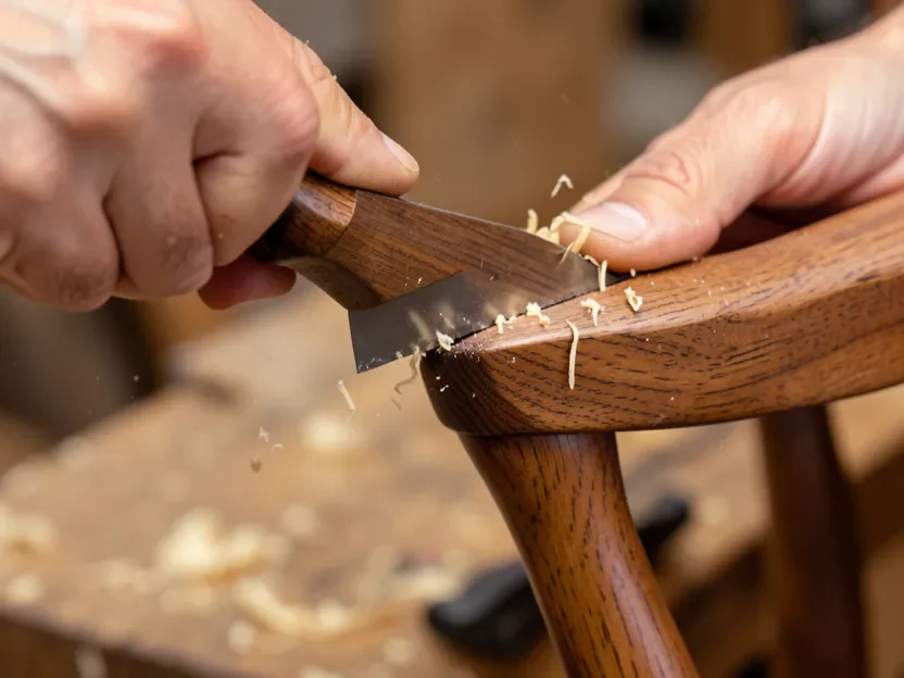 Woodworker hand-shaping the sculptural Maloof joint of a dining chair with a spokeshave