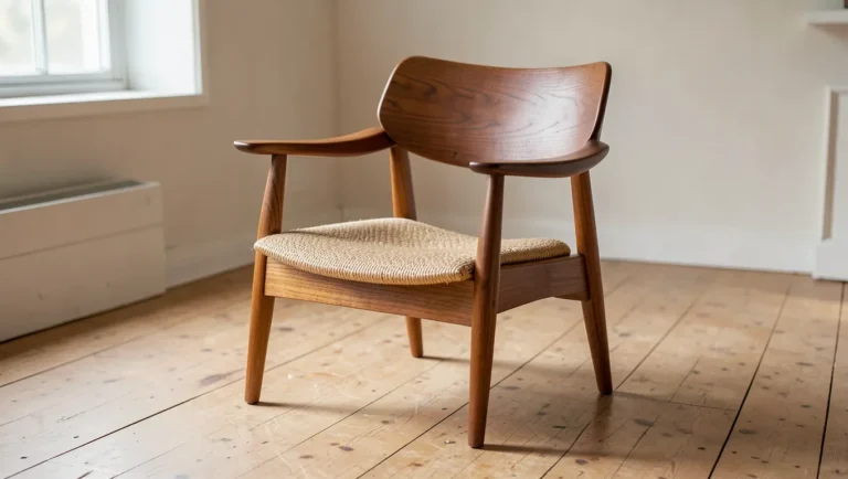 Sculpted walnut low-back chair with woven seat, flowing curved joinery