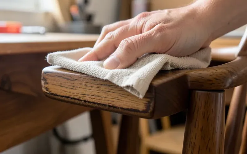 Hand applying oil finish to a wooden chair arm with a soft cloth