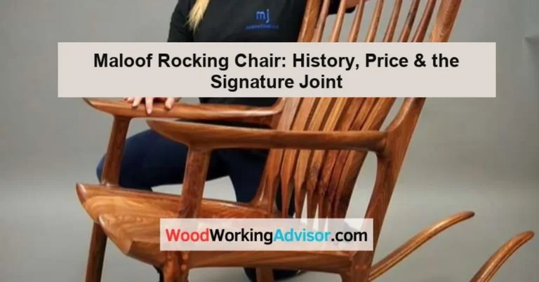 Sculpted walnut Maloof-style rocking chair showing the curved armrest and spindle back