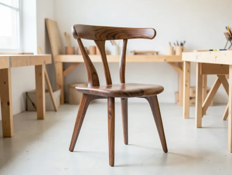 Sam Maloof-style handcrafted walnut dining chair with sculpted low back and three spindles in a woodworking studio