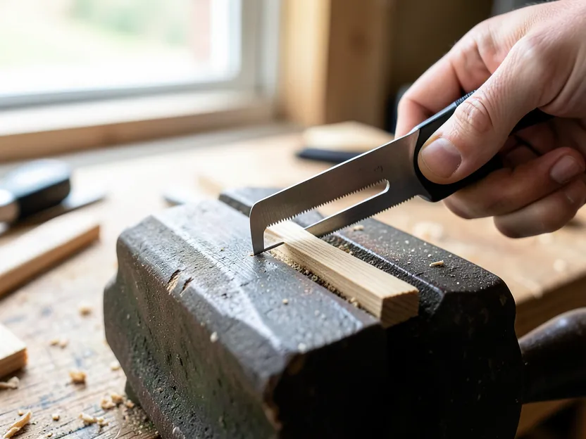 A small hand-powered detail saw cutting a thin strip of wood clamped in a vise