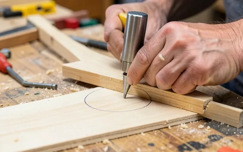 Carpenter using trammel points to mark a precise circle on a plywood board before cutting