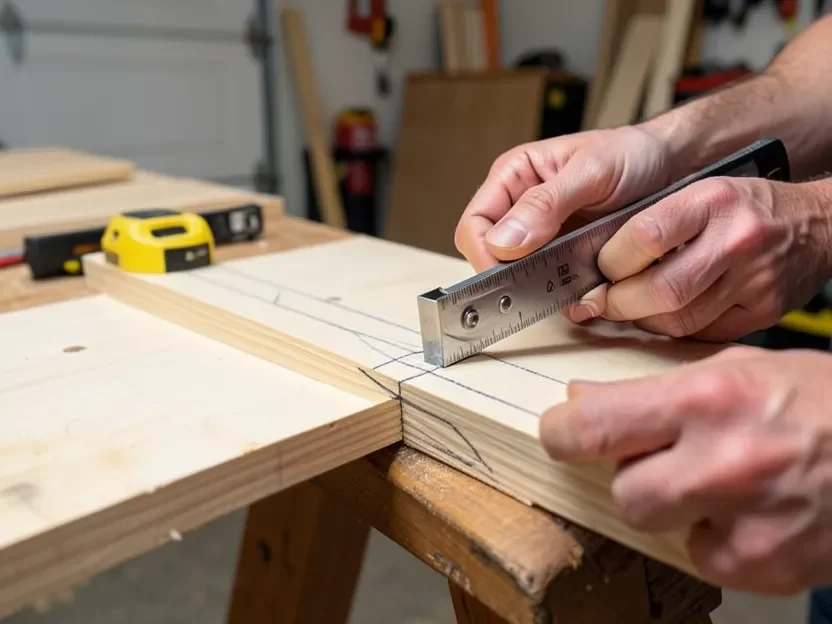 Marking an angled cut line on a board with a speed square before cutting plywood for a gable end
