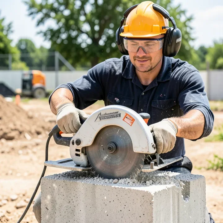 worker wearing safety glasses and hearing protection cutting concrete block with a guarded circular saw