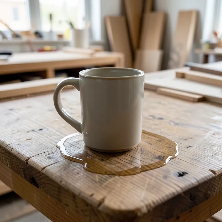 ceramic mug sitting directly on an unprotected wood table ceramic mug sitting directly on an unprotected wood table, the way water rings usually start