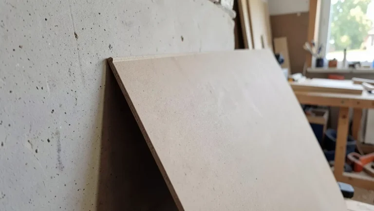 MDF board leaning against a workshop wall showing a slight edge warp
