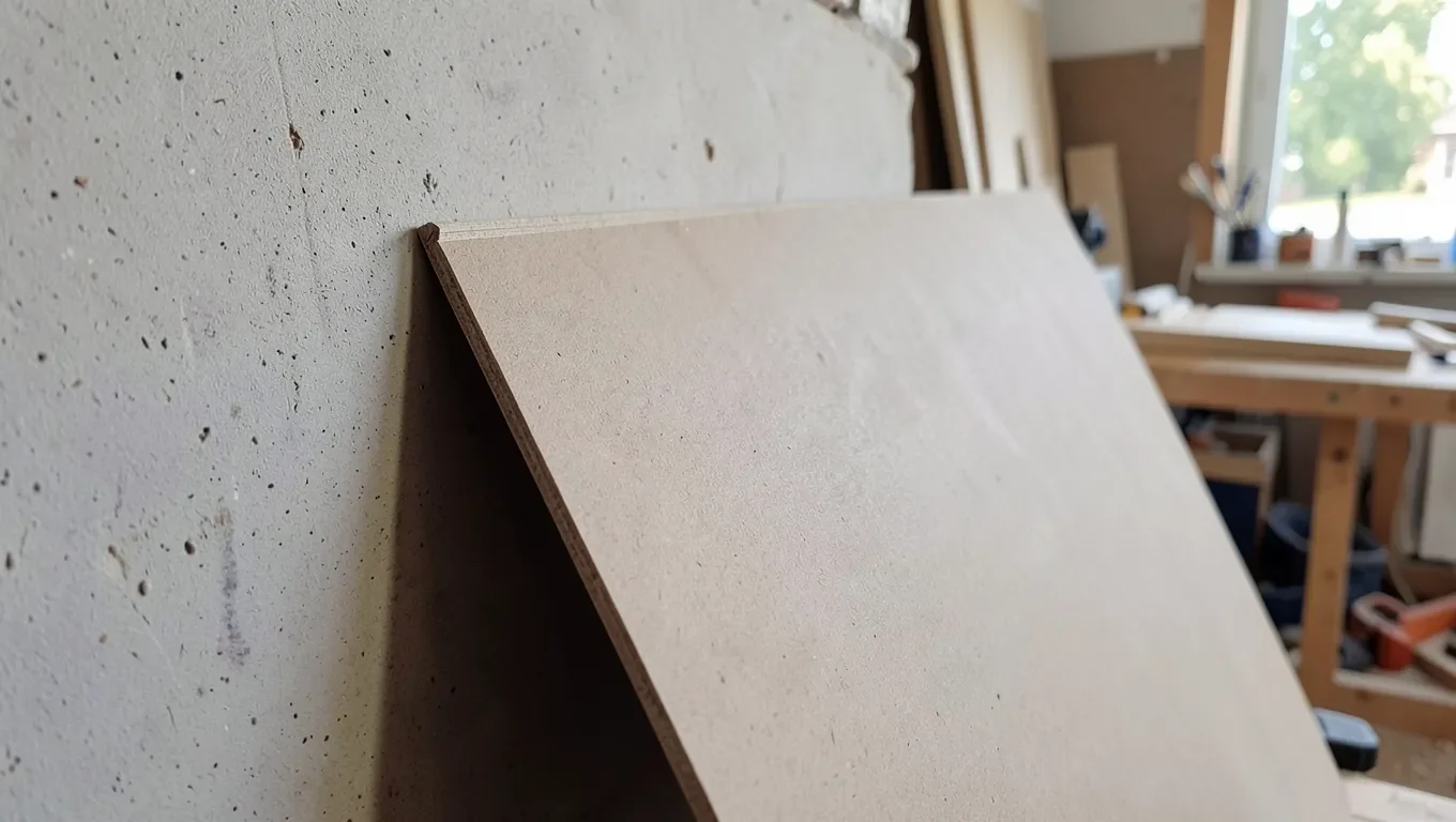 MDF board leaning against a workshop wall showing a slight edge warp