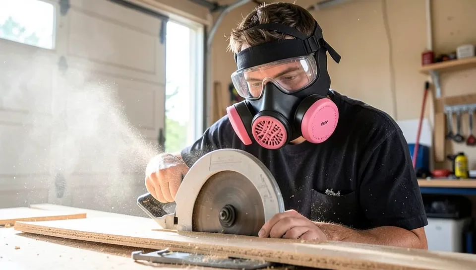 Woodworker wearing a black half-face P100 respirator with pink filter cartridges and safety glasses, cutting MDF in a garage with the door open for ventilation