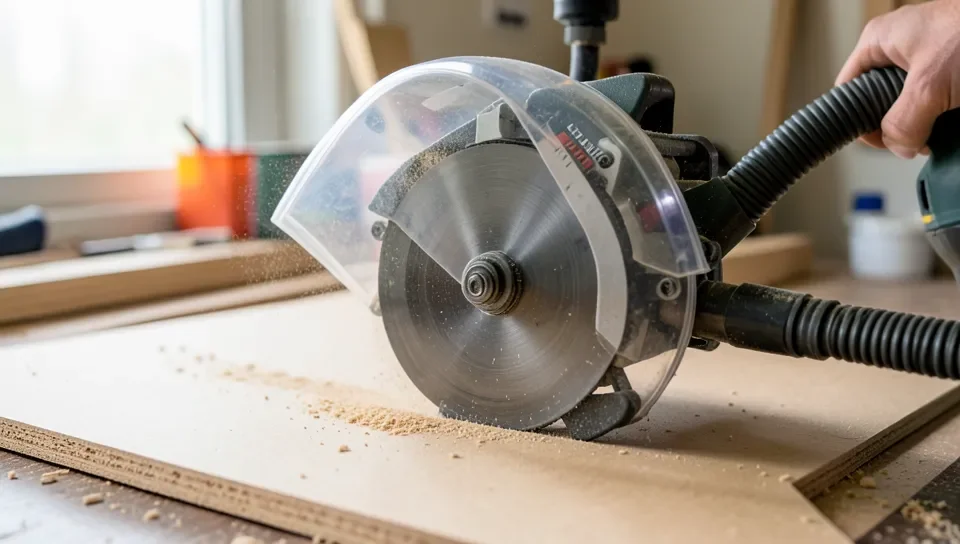 Circular saw with a dust collection shroud and shop-vac hose capturing MDF dust at the point of cut