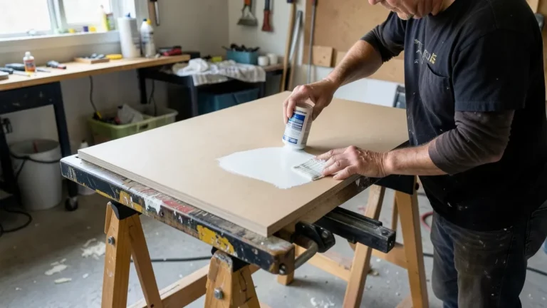 Rolling white primer onto a sheet of MDF board before painting