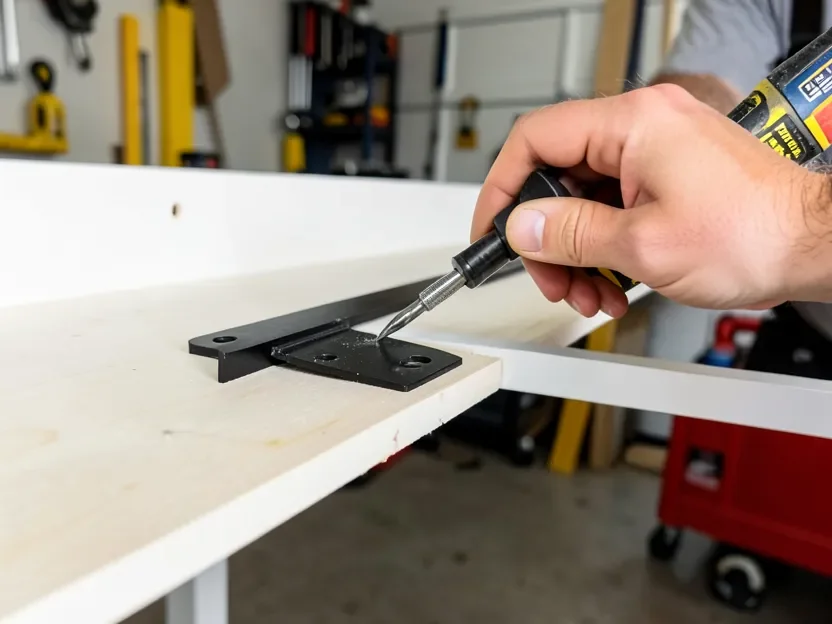 Installing a metal support bracket underneath an MDF shelf to reinforce it against sagging