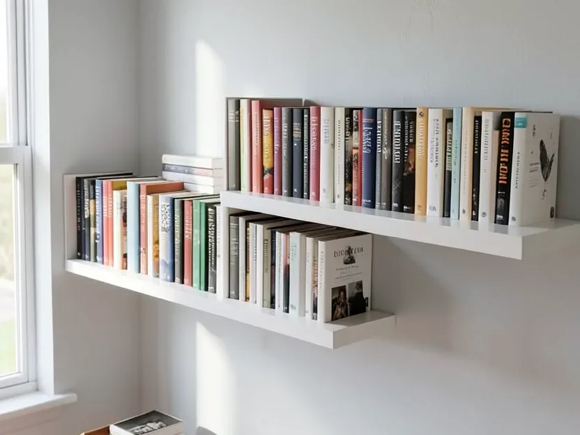 Long MDF shelf sagging slightly under a row of hardcover books