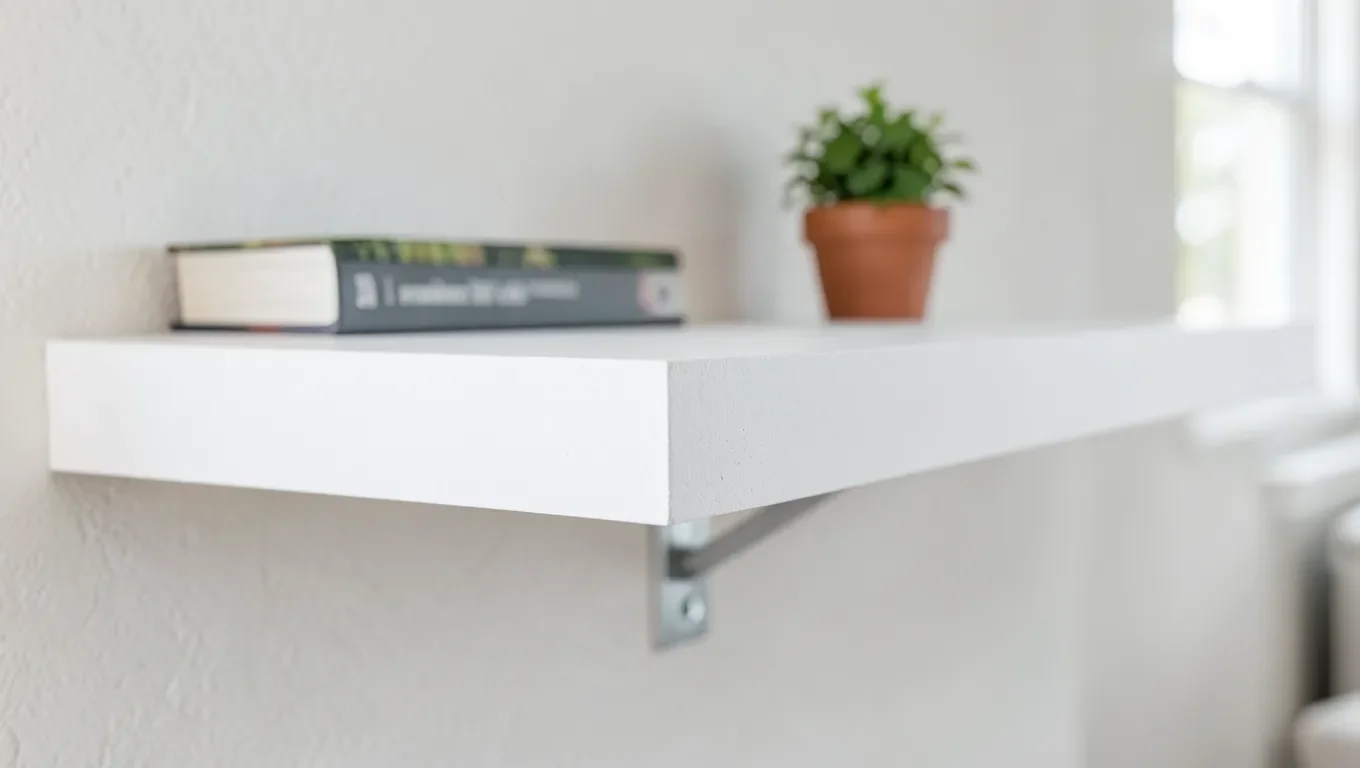 Thick MDF shelf mounted with a metal support bracket to prevent sagging