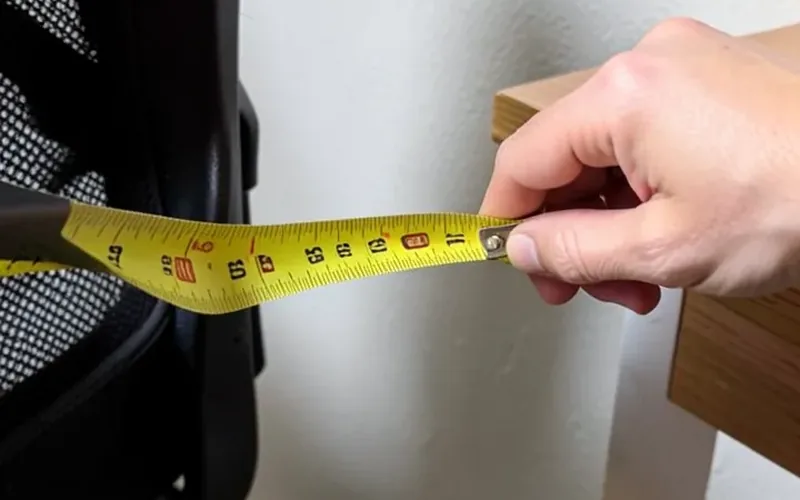 tape measure checking clearance space behind an office chair and desk tape measure checking clearance space behind an office chair and desk