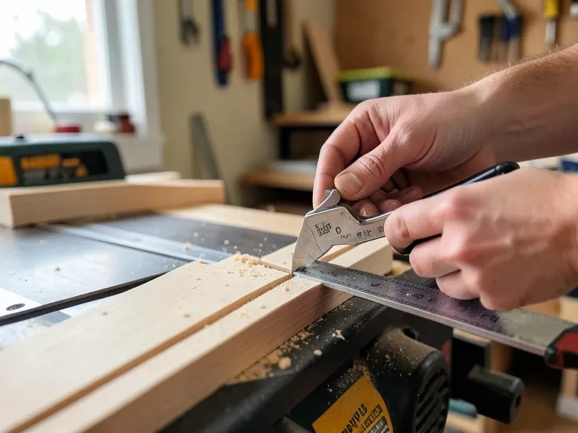 Woodworker using a caliper to measure the width of a table saw's miter slot