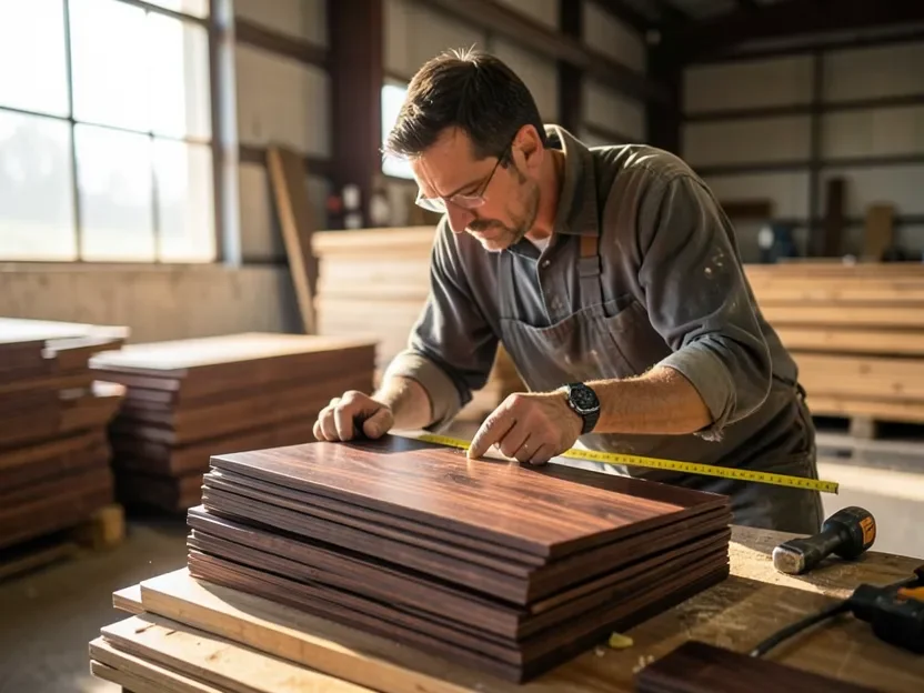 Woodworker measuring a stack of walnut lumber boards at a hardwood supplier