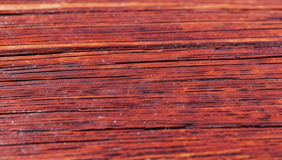 Close-up of mesquite wood grain showing dense reddish-brown color