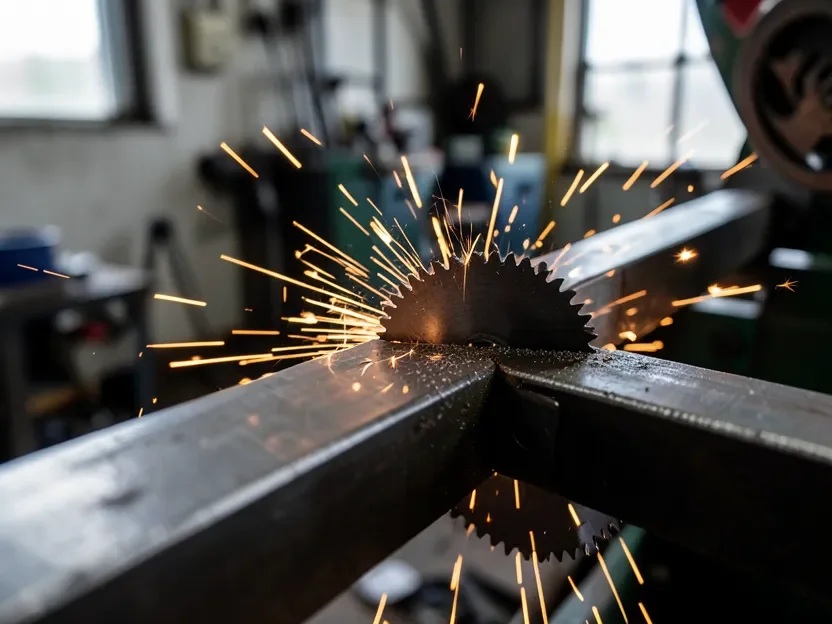 Close-up of a carbide-tipped blade cutting through steel with sparks flying