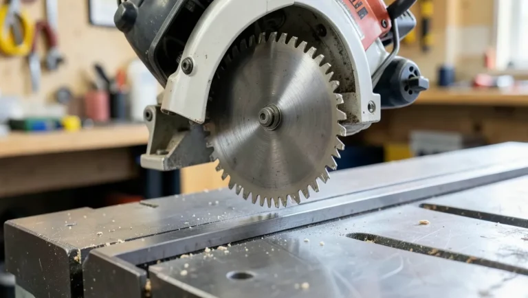Circular metal-cutting saw blade mounted on a miter saw over steel angle iron