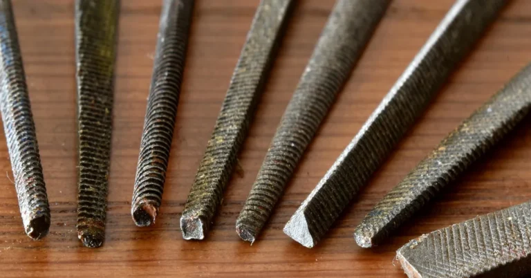 assorted metal files with different tip shapes and cuts laid out on a workbench