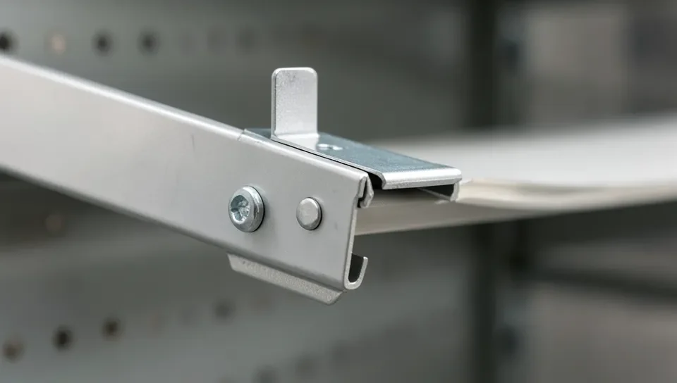 Close-up of a metal shelving adjustable bracket