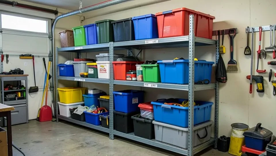 Heavy duty metal shelving unit in a garage