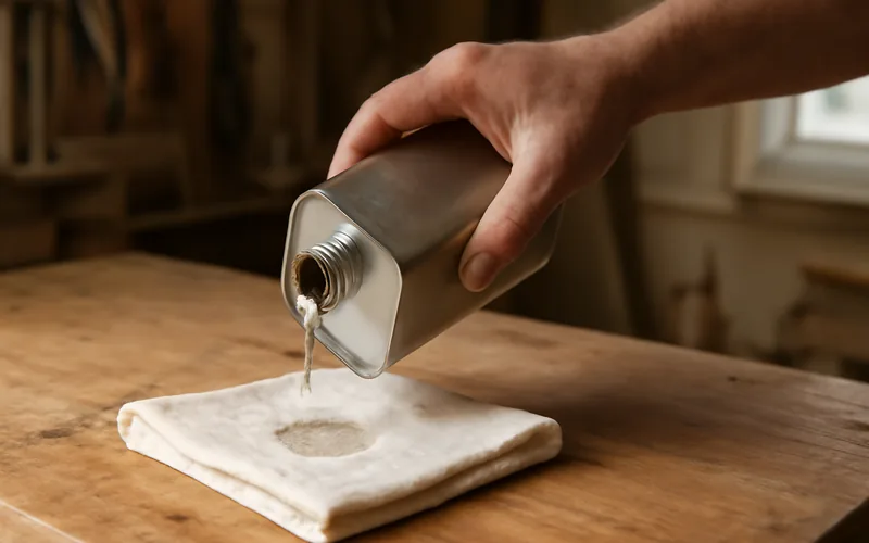 Cloth being soaked with solvent for wiping down a wood surface in a home workshop Cloth being soaked with solvent for wiping down a wood surface in a home workshop