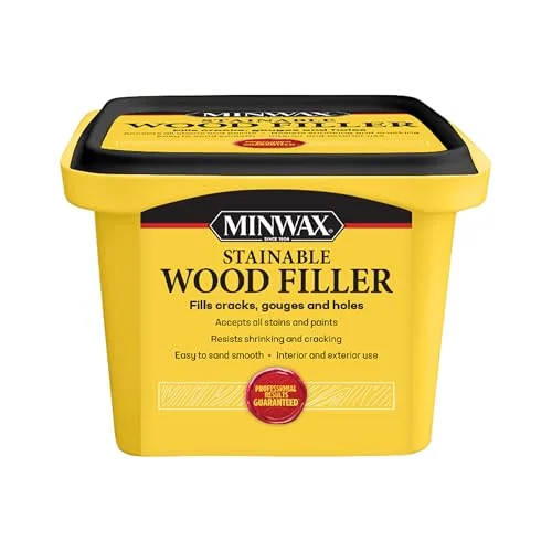 Minwax Stainable Wood Filler can, a latex-based filler that accepts wood stain