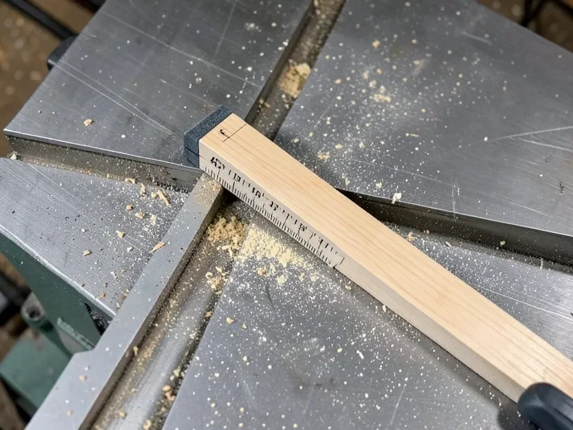 Angled workpiece marked and positioned on a table saw for a miter cut