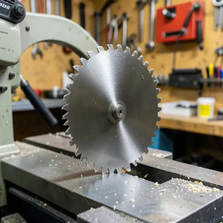 Close-up of a carbide-tipped blade mounted on a miter saw