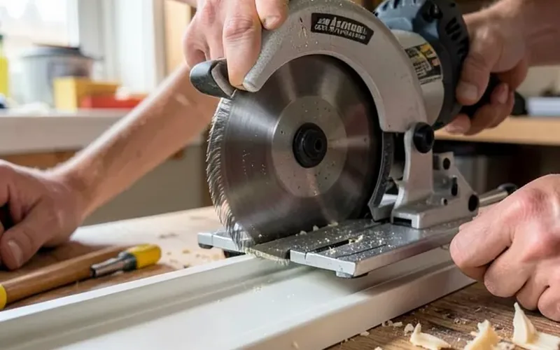 carpenter using a sliding compound miter saw to cut crown molding in a workshop carpenter using a sliding compound miter saw to cut crown molding in a workshop