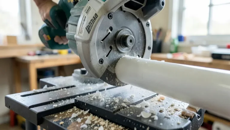 Miter saw blade cutting through a white PVC pipe with plastic shavings on the saw table