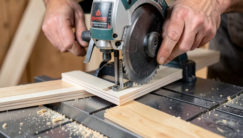 Lowering a miter saw onto a piece of trim molding Lowering a miter saw onto a piece of trim molding