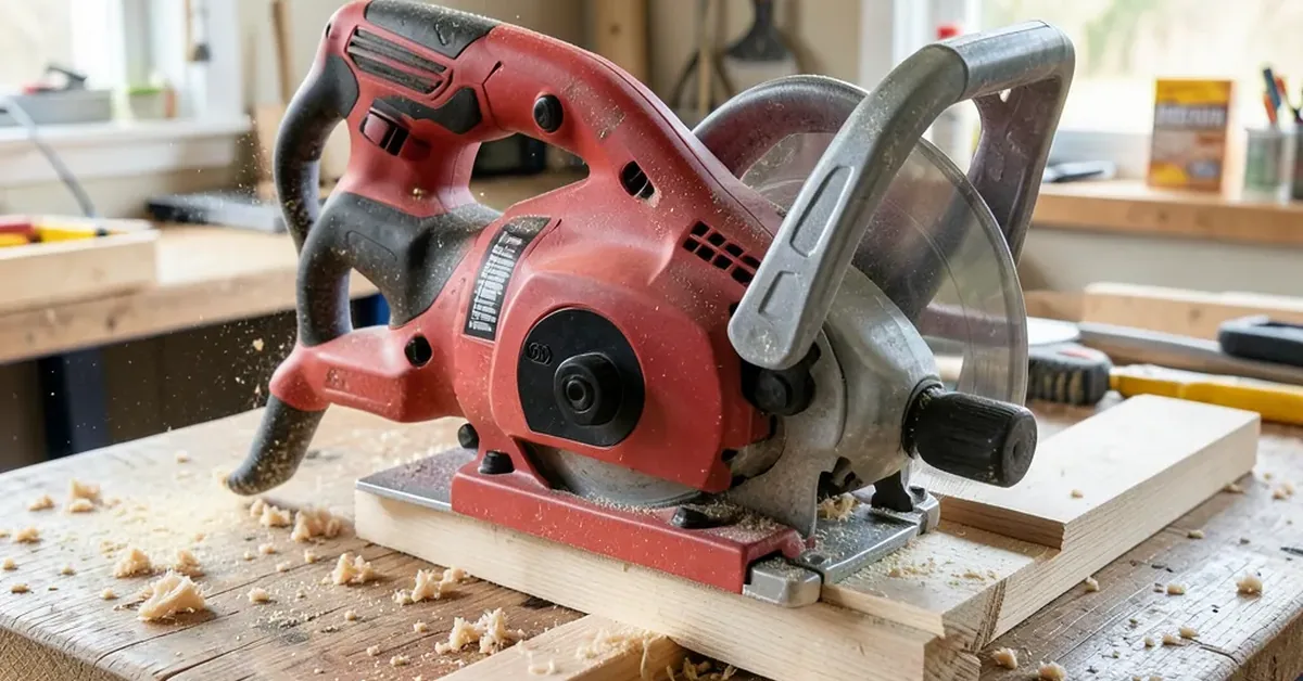 Miter saw cutting a piece of wood on a workshop bench with sawdust visible