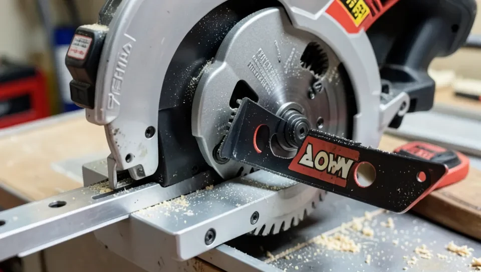 Close-up of a miter saw's fold-out extension wing