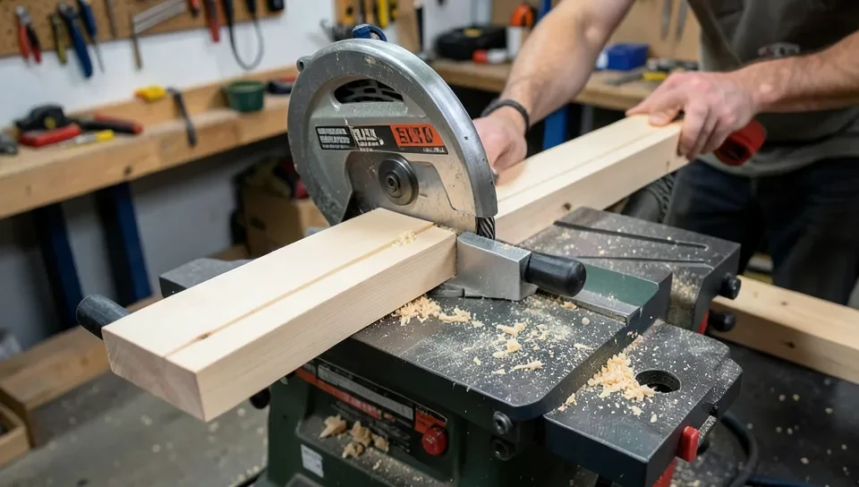 Miter saw with roller stand extensions supporting a long board