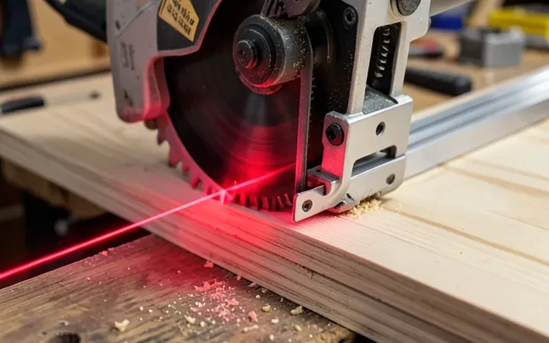 close-up of a miter saw sliding rail mechanism with a red laser guide line on a wood board close-up of a miter saw sliding rail mechanism with a red laser guide line on a wood board