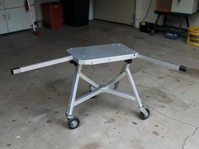 Folding rolling miter saw stand with telescoping extension arms extended on both sides