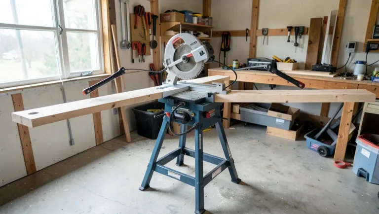 Folding miter saw stand with extension arms supporting a long board in a home garage workshop