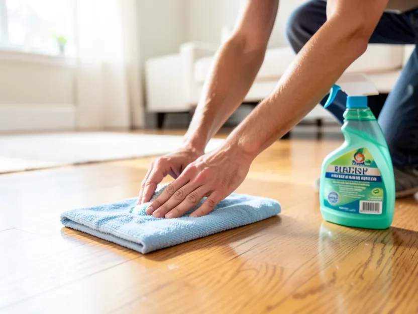 Cleaning a hardwood floor with a microfiber cloth and spray cleaner