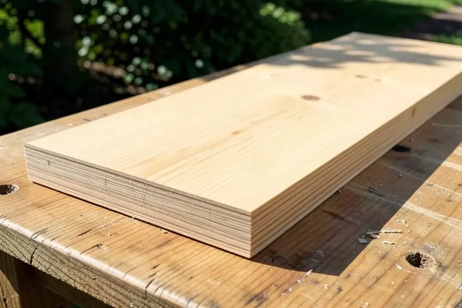 Stack of freshly milled cedar boards resting outdoors before staining