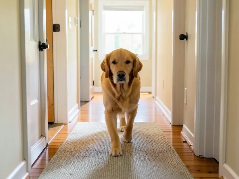 Golden retriever walking on a hardwood hallway with a non-slip runner rug underfoot
