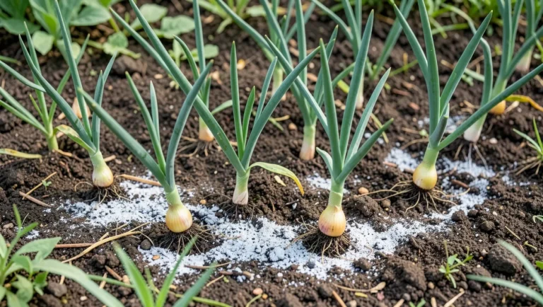 Onions growing with a light application of wood ash around the base