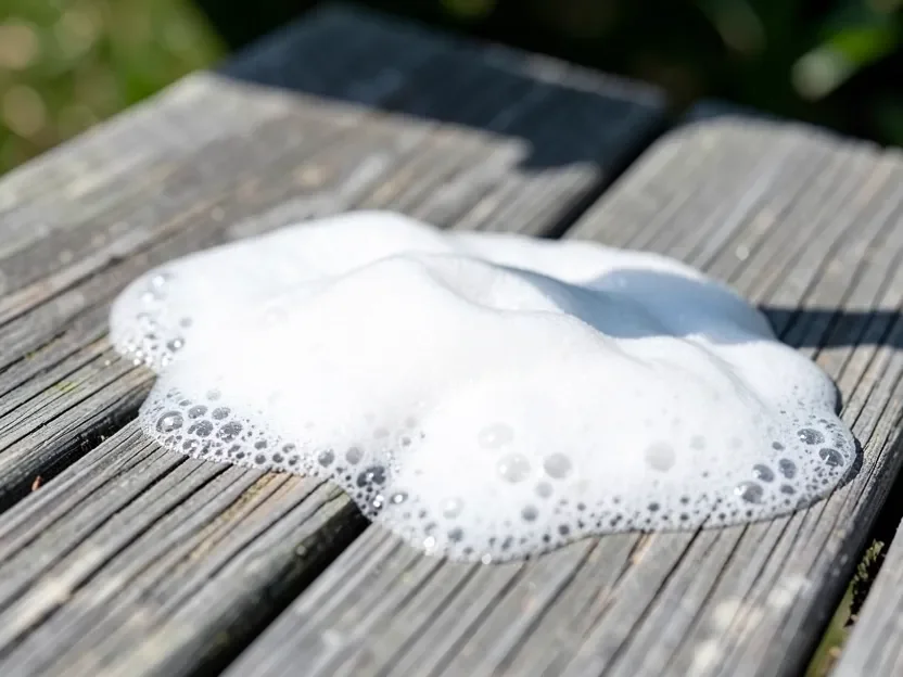 Oxygen bleach solution foaming on a wood surface during cleaning