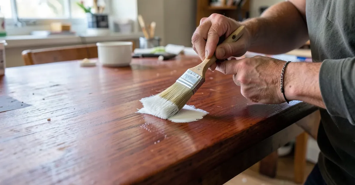 Carpenter applying white primer with a paintbrush to a mahogany wood table before painting