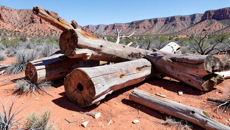 Large petrified wood log sections on desert ground