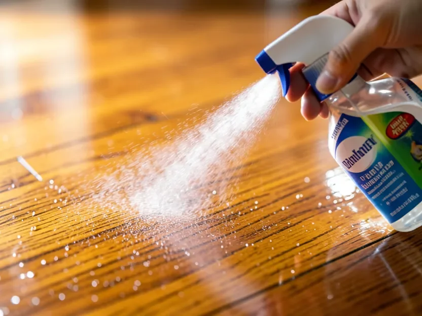 Spraying a pH-neutral wood floor cleaner onto a hardwood floor