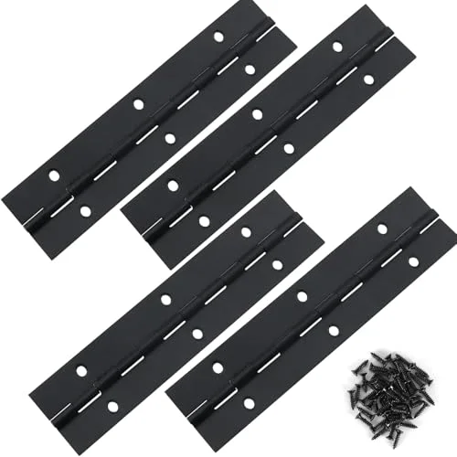 Four pack of black stainless steel piano hinges with mounting screws for a folding DM screen