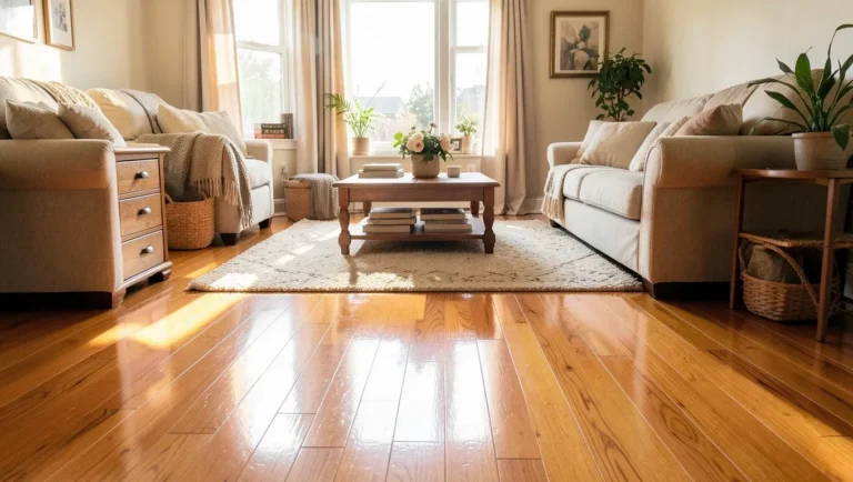 Clean, freshly mopped hardwood floor in a bright living room